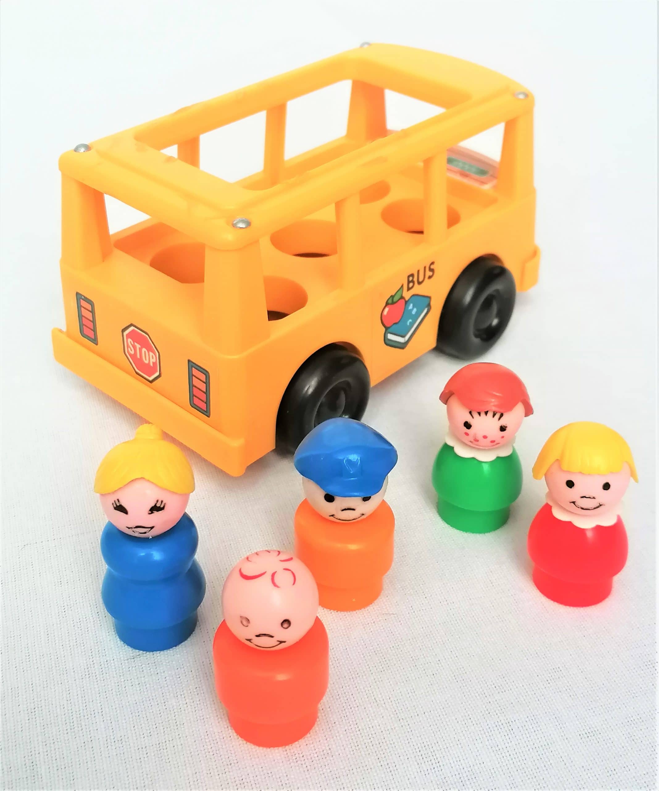 Lot Fisher Price Vintage : Bus Jaune, Minibus Rouge, 2 Voitures + Figurines